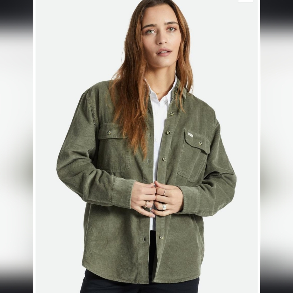 Brixton Bowery Corduroy Button Down Shirt, Olive Surplus size large, NWT